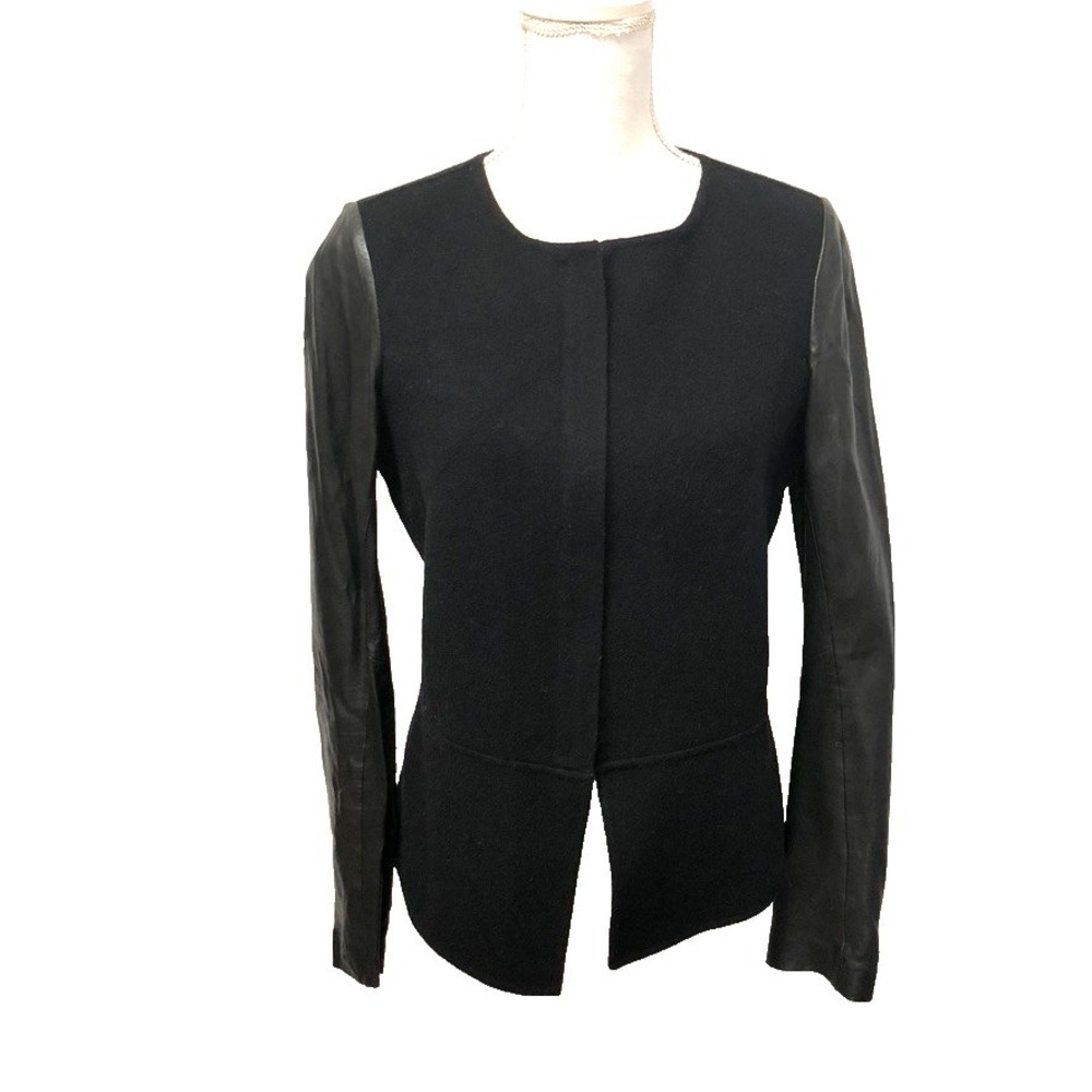 Vince Wool Jacket Womens Medium Black Leather Sleeve Classic Edgy Zip Career